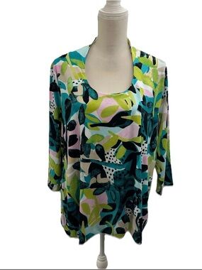 NWT Context Top Blouse Women’s 1X Scoop Neck- Back Collar 3/4 Sleeves Preppy
